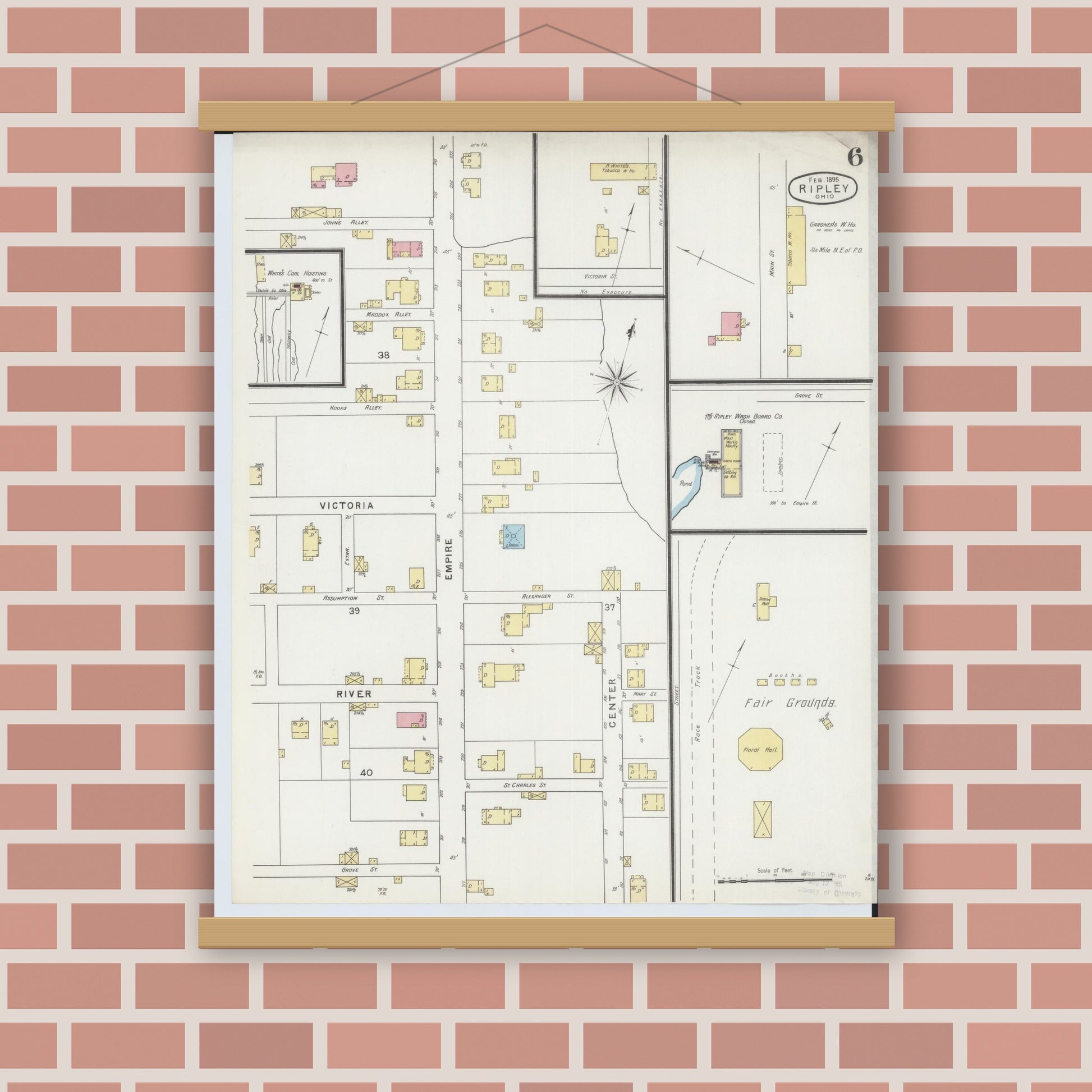 Old map wall art mockup — magnetic wood frame on brick wall — Sanborn Fire Insurance Map from Ripley, Brown County, Ohio (1895), Sheet #0006