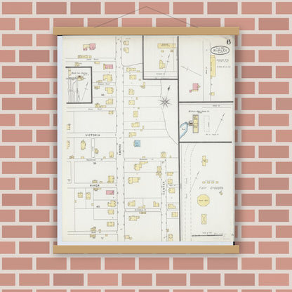 Old map wall art mockup — magnetic wood frame on brick wall — Sanborn Fire Insurance Map from Ripley, Brown County, Ohio (1895), Sheet #0006