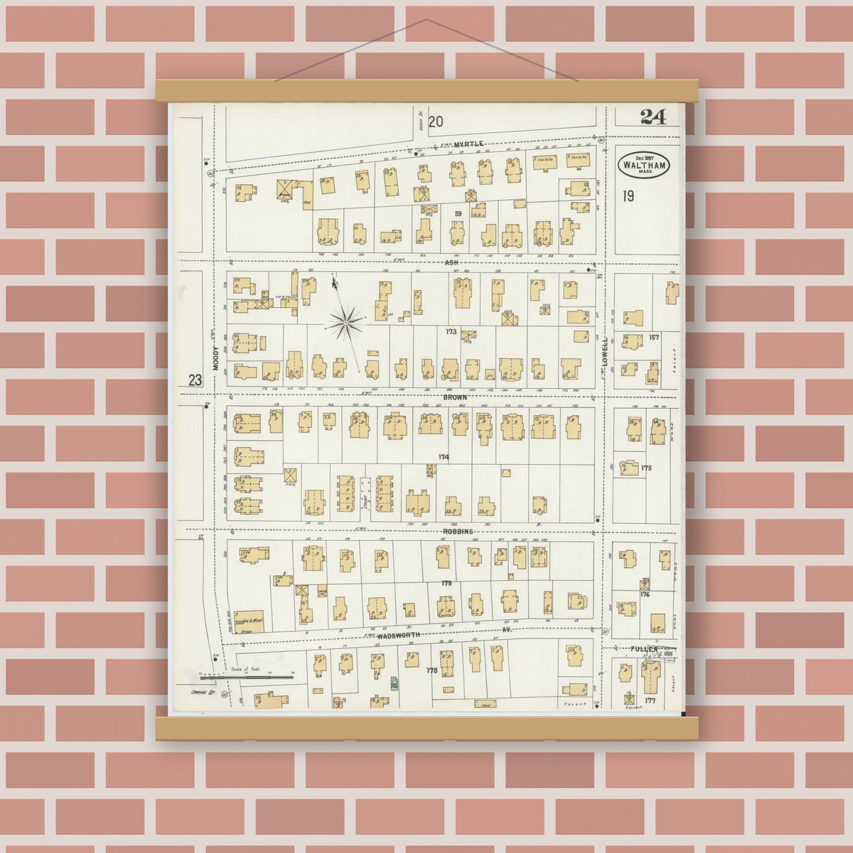 Old map wall art mockup — magnetic wood frame on brick wall — Sanborn Fire Insurance Map from Waltham, Middlesex County, Massachusetts (1897), Sheet #0024
