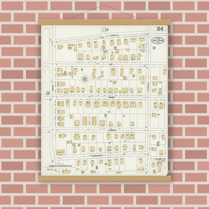 Old map wall art mockup — magnetic wood frame on brick wall — Sanborn Fire Insurance Map from Waltham, Middlesex County, Massachusetts (1897), Sheet #0024