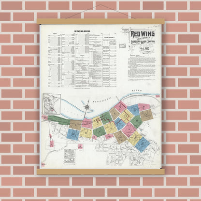 Old map wall art mockup — magnetic wood frame on brick wall — Sanborn Fire Insurance Map from Red Wing, Goodhue County, Minnesota (1917) - Complete Map Set