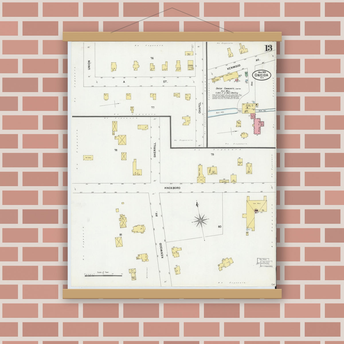 Old map wall art mockup — magnetic wood frame on brick wall — Sanborn Fire Insurance Map from Oneida, Madison County, New York (1899), Sheet #0013