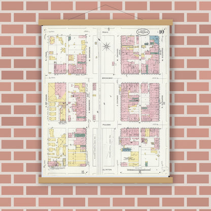Old map wall art mockup — magnetic wood frame on brick wall — Sanborn Fire Insurance Map from Lincoln, Logan County, Illinois (1909), Sheet #0010