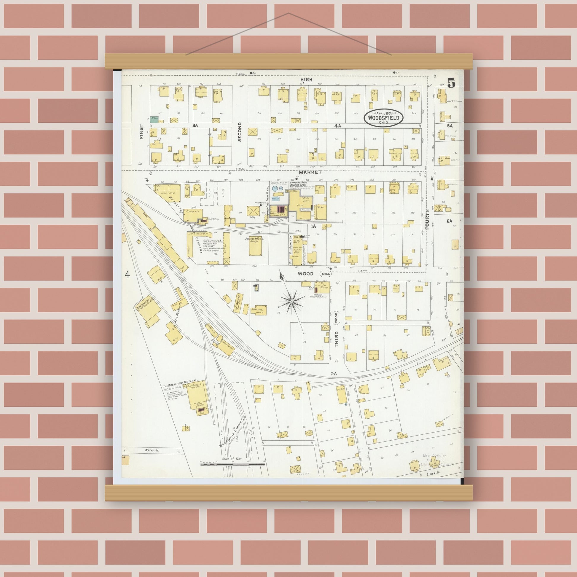 Old map wall art mockup — magnetic wood frame on brick wall — Sanborn Fire Insurance Map from Woodsfield, Monroe County, Ohio (1905), Sheet #0005