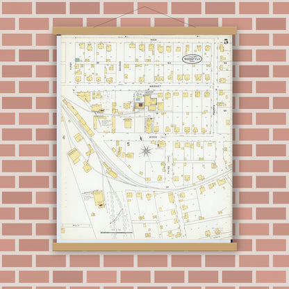 Old map wall art mockup — magnetic wood frame on brick wall — Sanborn Fire Insurance Map from Woodsfield, Monroe County, Ohio (1905), Sheet #0005