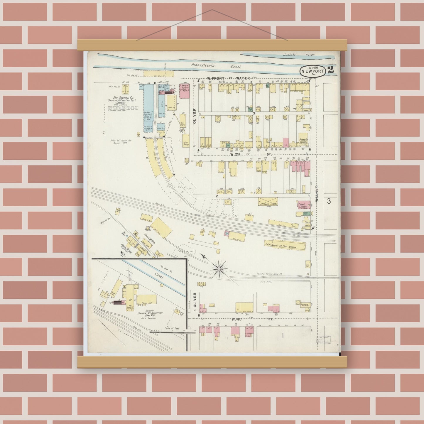 Old map wall art mockup — magnetic wood frame on brick wall — Sanborn Fire Insurance Map from Newport, Perry County, Pennsylvania (1896), Sheet #0002