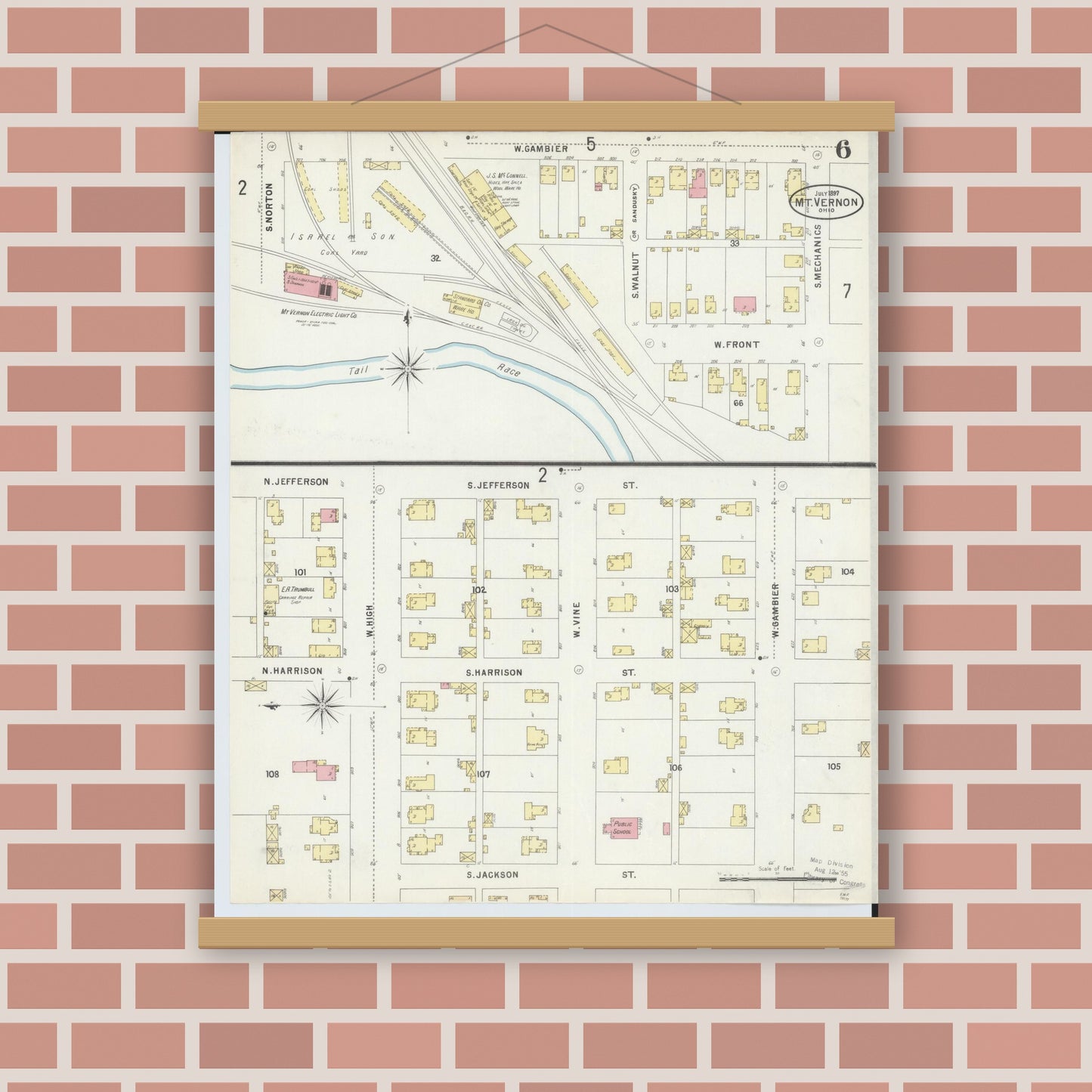 Old map wall art mockup — magnetic wood frame on brick wall — Sanborn Fire Insurance Map from Mount Vernon, Knox County, Ohio (1897), Sheet #0006