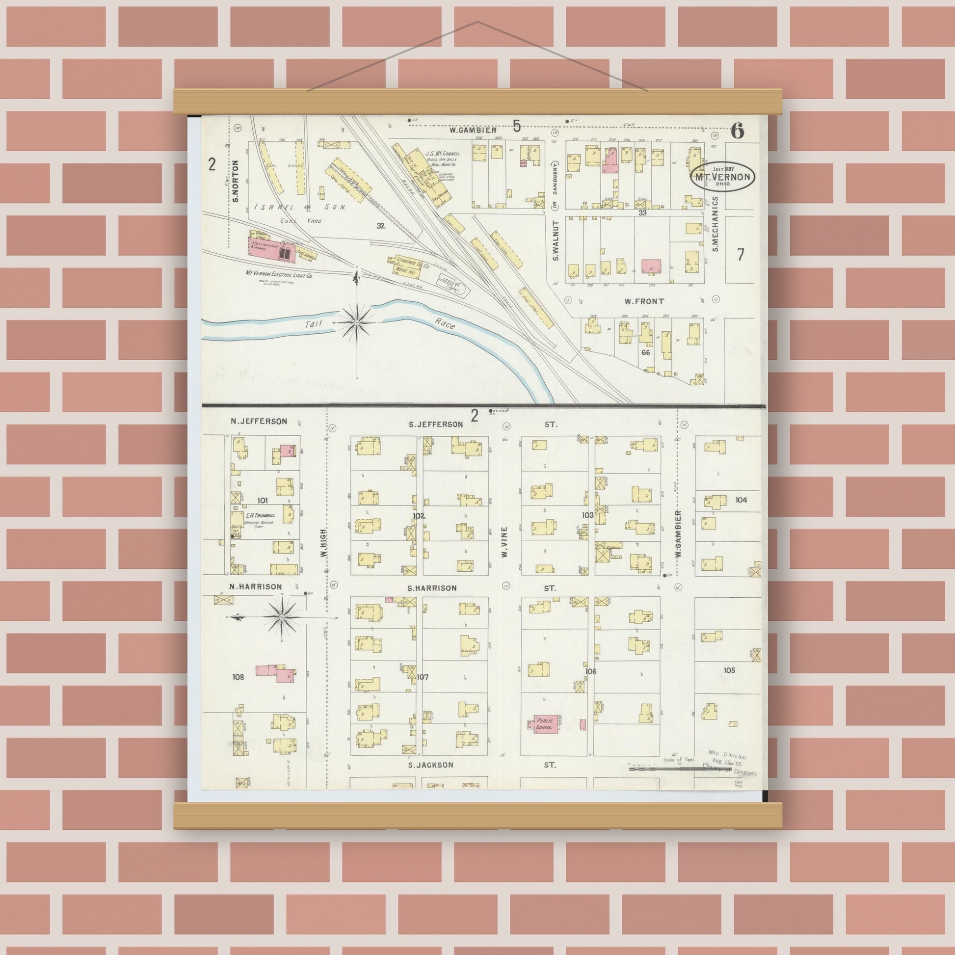 Old map wall art mockup — magnetic wood frame on brick wall — Sanborn Fire Insurance Map from Mount Vernon, Knox County, Ohio (1897), Sheet #0006