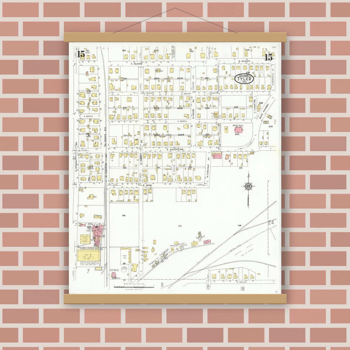 Old map wall art mockup — magnetic wood frame on brick wall — Sanborn Fire Insurance Map from Tyler, Smith County, Texas (1928), Sheet #0015