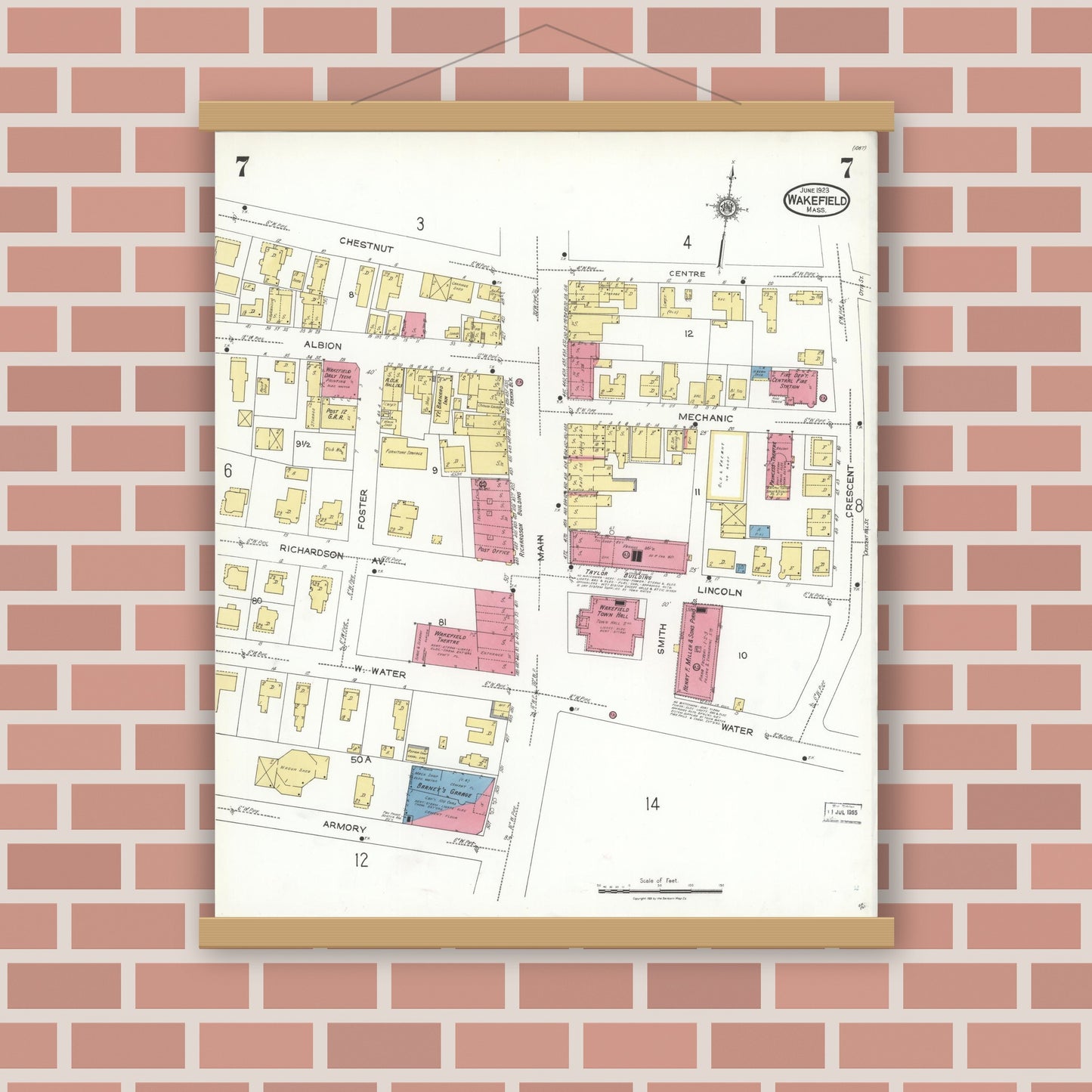 Old map wall art mockup — magnetic wood frame on brick wall — Sanborn Fire Insurance Map from Wakefield, Middlesex County, Massachusetts (1923), Sheet #0007