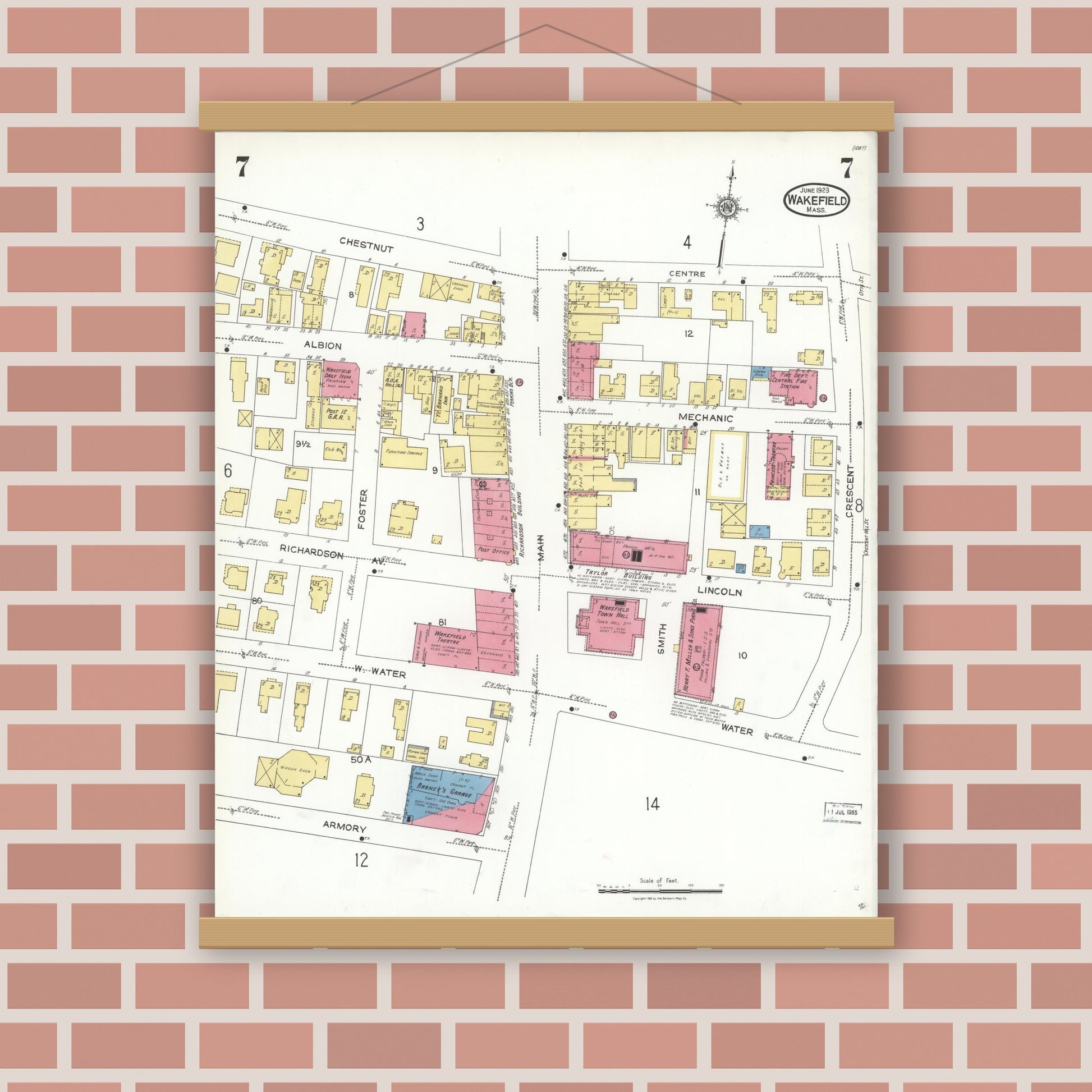 Old map wall art mockup — magnetic wood frame on brick wall — Sanborn Fire Insurance Map from Wakefield, Middlesex County, Massachusetts (1923), Sheet #0007