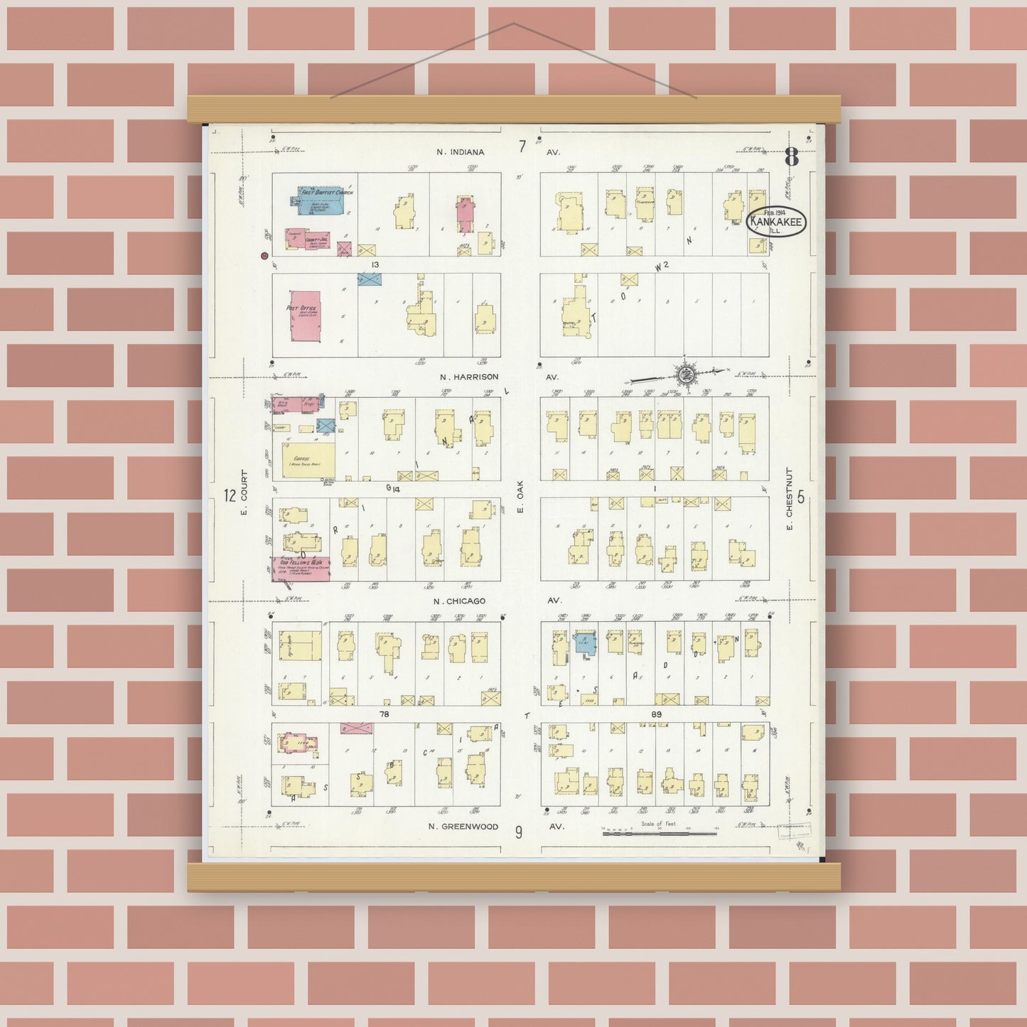 Old map wall art mockup — magnetic wood frame on brick wall — Sanborn Fire Insurance Map from Kankakee, Kankakee County, Illinois (1914), Sheet #0008