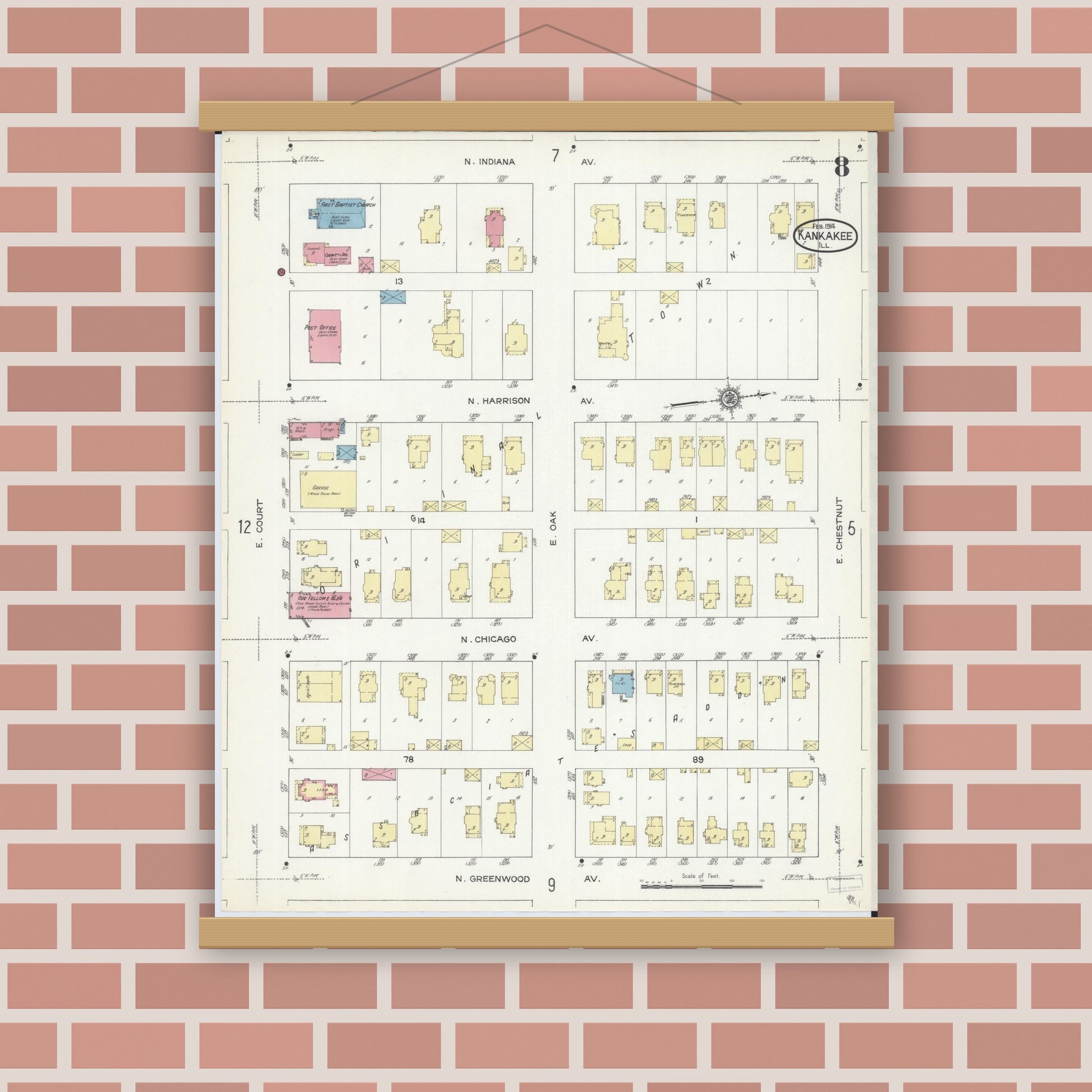 Old map wall art mockup — magnetic wood frame on brick wall — Sanborn Fire Insurance Map from Kankakee, Kankakee County, Illinois (1914), Sheet #0008