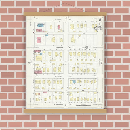 Old map wall art mockup — magnetic wood frame on brick wall — Sanborn Fire Insurance Map from Kankakee, Kankakee County, Illinois (1914), Sheet #0008