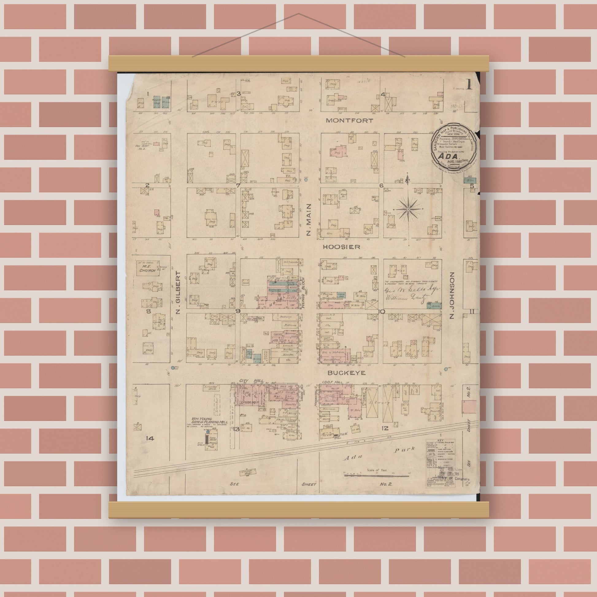 Old map wall art mockup — magnetic wood frame on brick wall — Sanborn Fire Insurance Map from Ada, Hardin County, Ohio (1885), Sheet #0001