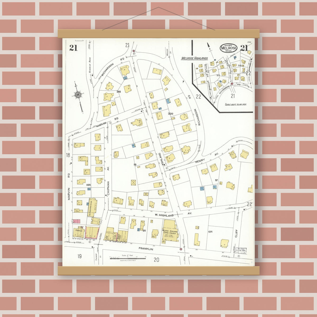 Old map wall art mockup — magnetic wood frame on brick wall — Sanborn Fire Insurance Map from Melrose, Middlesex County, Massachusetts (1923), Sheet #0021