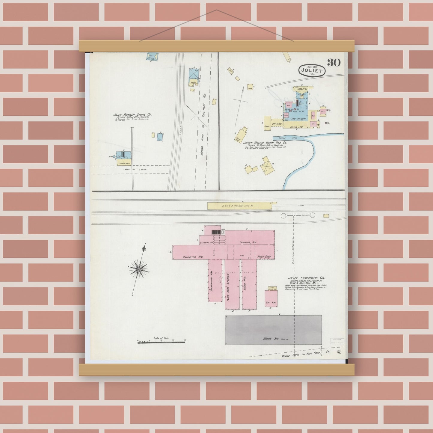 Old map wall art mockup — magnetic wood frame on brick wall — Sanborn Fire Insurance Map from Joliet, Will County, Illinois (1891), Sheet #0030
