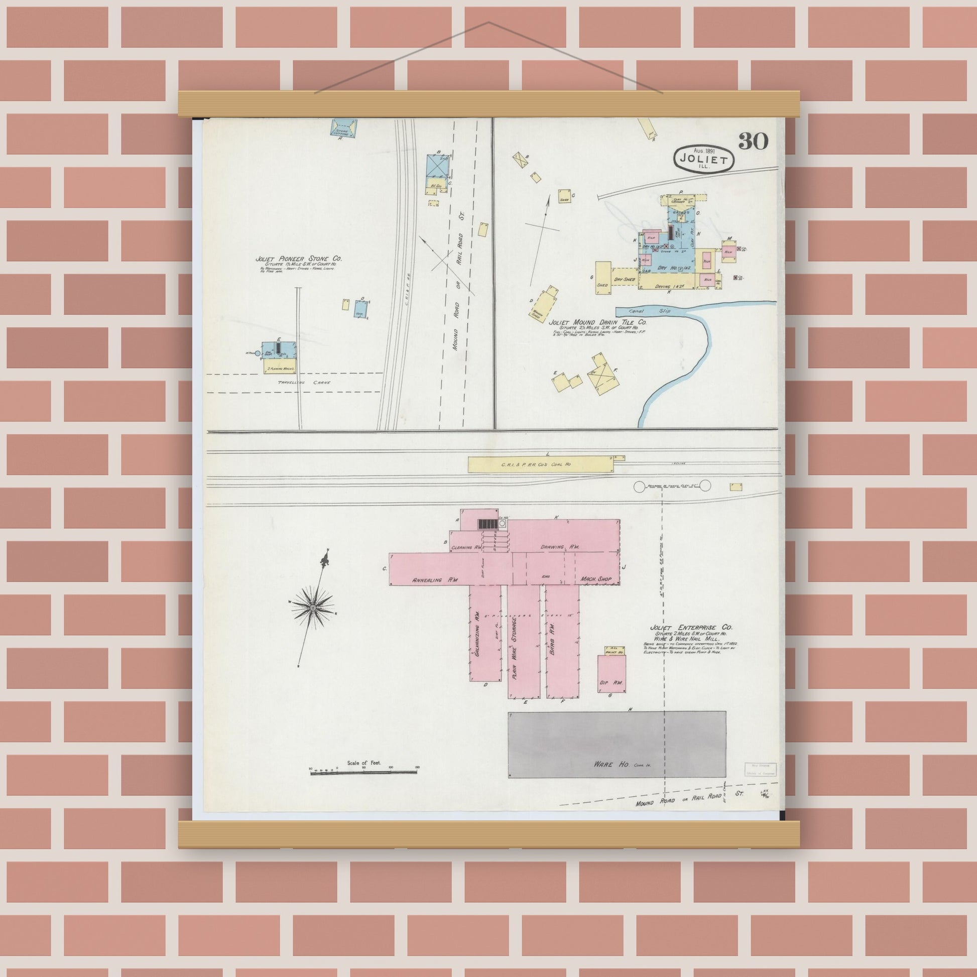 Old map wall art mockup — magnetic wood frame on brick wall — Sanborn Fire Insurance Map from Joliet, Will County, Illinois (1891), Sheet #0030