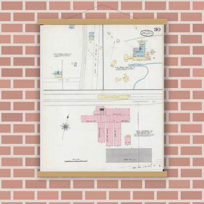 Old map wall art mockup — magnetic wood frame on brick wall — Sanborn Fire Insurance Map from Joliet, Will County, Illinois (1891), Sheet #0030