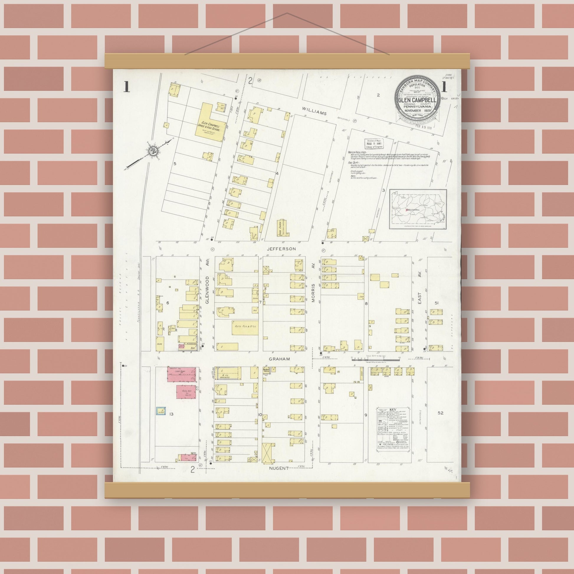 Old map wall art mockup — magnetic wood frame on brick wall — Sanborn Fire Insurance Map from Glen Campbell, Indiana County, Pennsylvania (1929) - Complete Map Set