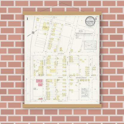 Old map wall art mockup — magnetic wood frame on brick wall — Sanborn Fire Insurance Map from Glen Campbell, Indiana County, Pennsylvania (1929) - Complete Map Set