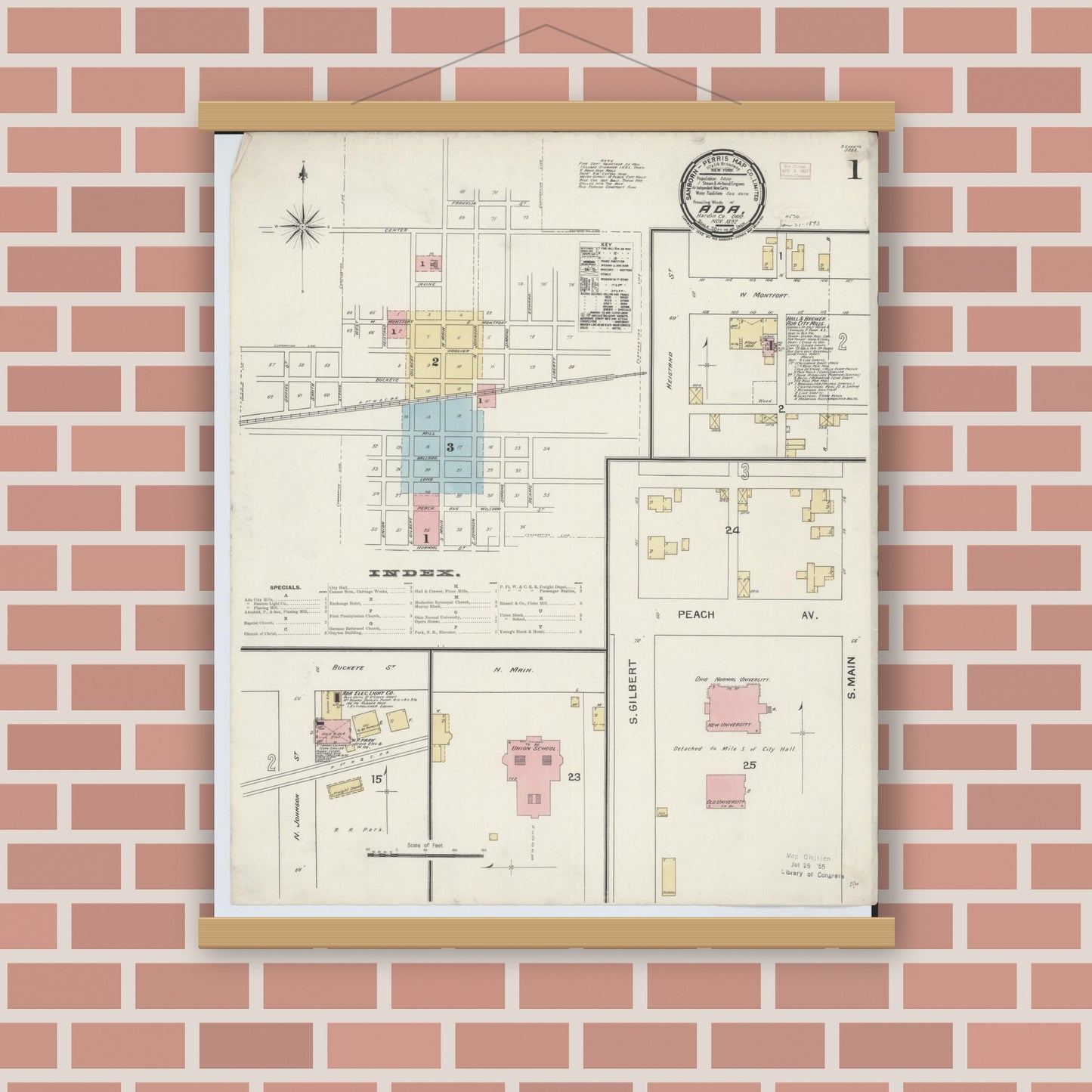 Old map wall art mockup — magnetic wood frame on brick wall — Sanborn Fire Insurance Map from Ada, Hardin County, Ohio (1892) - Complete Map Set