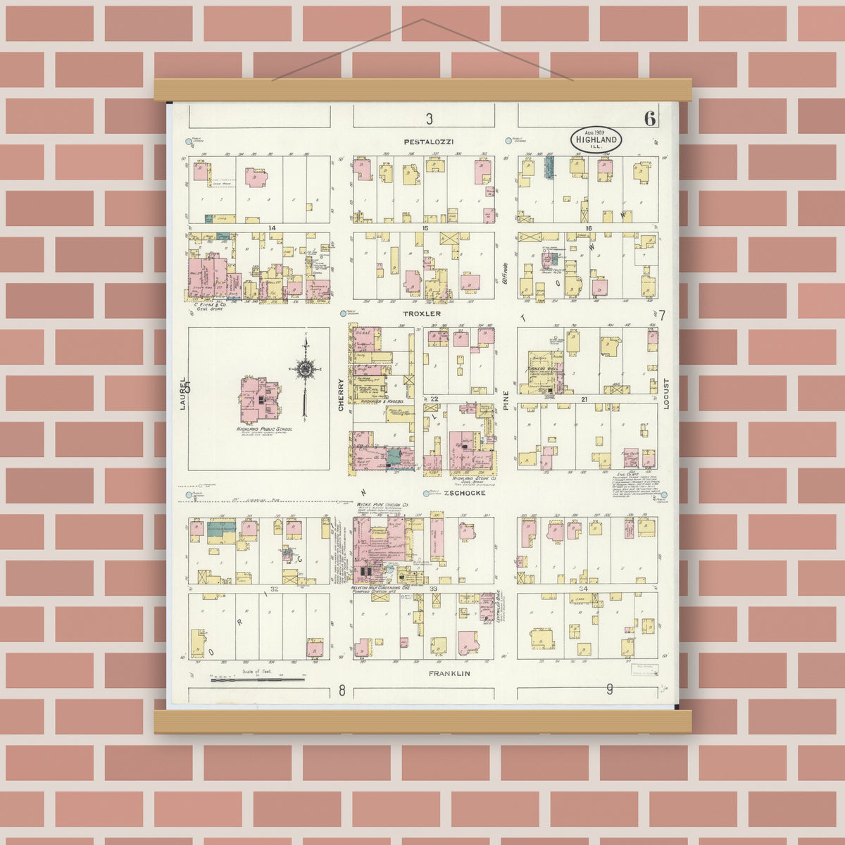 Old map wall art mockup — magnetic wood frame on brick wall — Sanborn Fire Insurance Map from Highland, Madison County, Illinois (1908), Sheet #0006