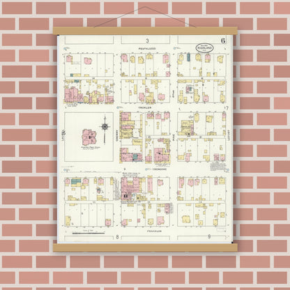 Old map wall art mockup — magnetic wood frame on brick wall — Sanborn Fire Insurance Map from Highland, Madison County, Illinois (1908), Sheet #0006