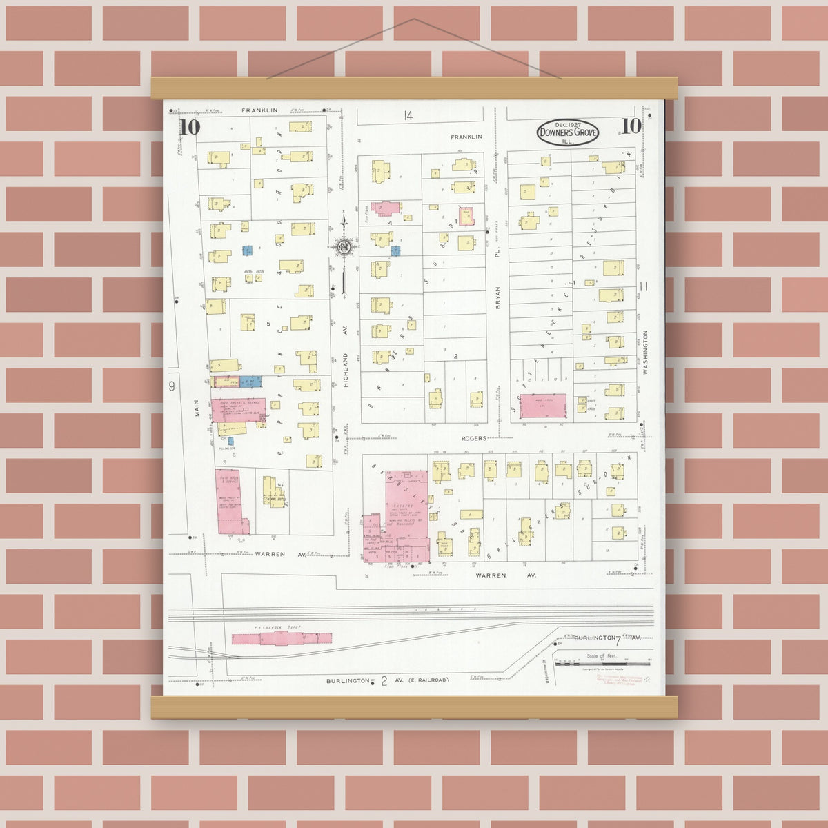 Old map wall art mockup — magnetic wood frame on brick wall — Sanborn Fire Insurance Map from Downers Grove, Dupage County, Illinois (1927), Sheet #0010