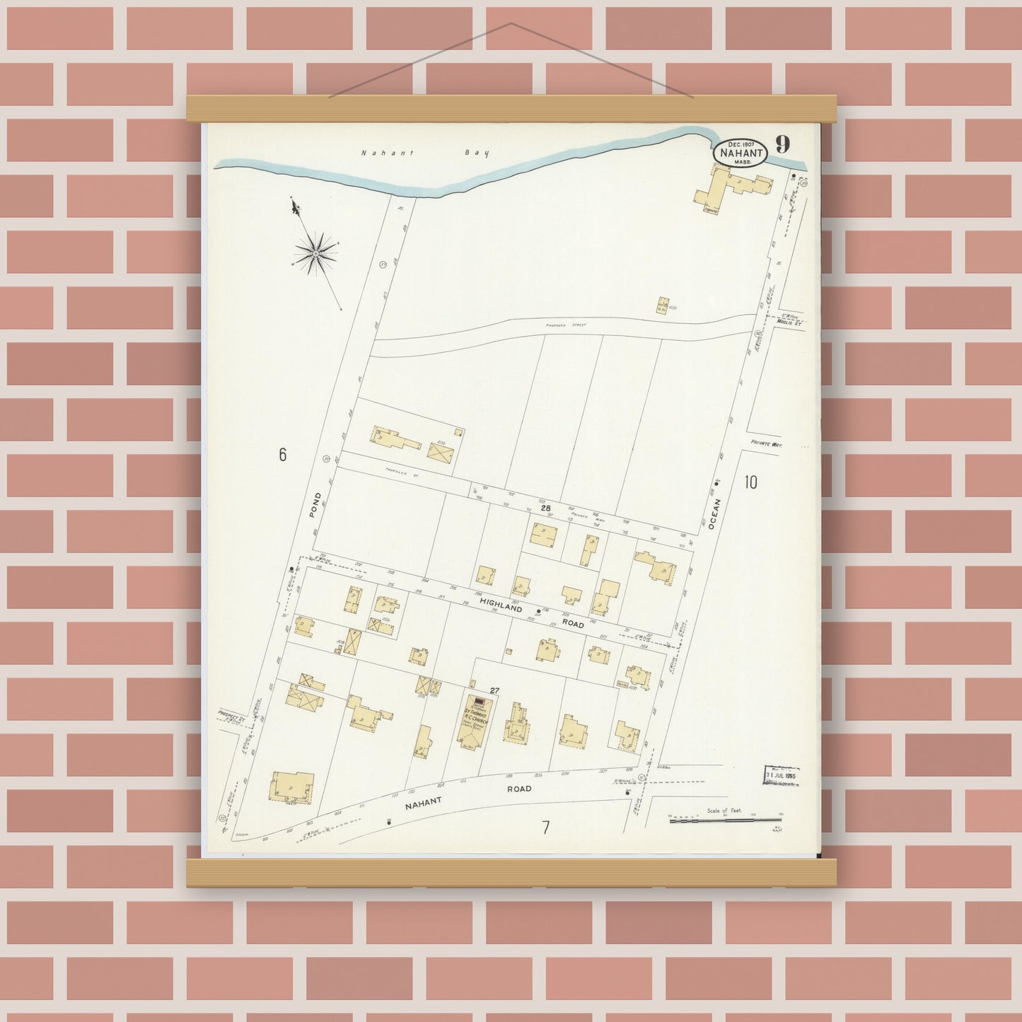 Old map wall art mockup — magnetic wood frame on brick wall — Sanborn Fire Insurance Map from Nahant, Essex County, Massachusetts (1907), Sheet #0009