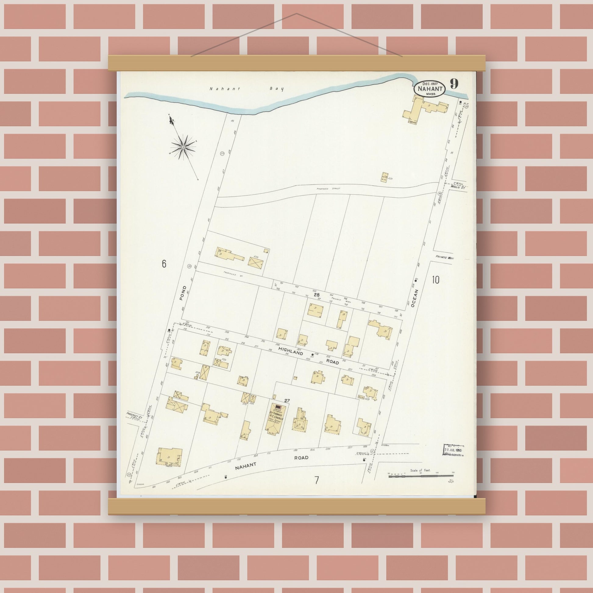 Old map wall art mockup — magnetic wood frame on brick wall — Sanborn Fire Insurance Map from Nahant, Essex County, Massachusetts (1907), Sheet #0009
