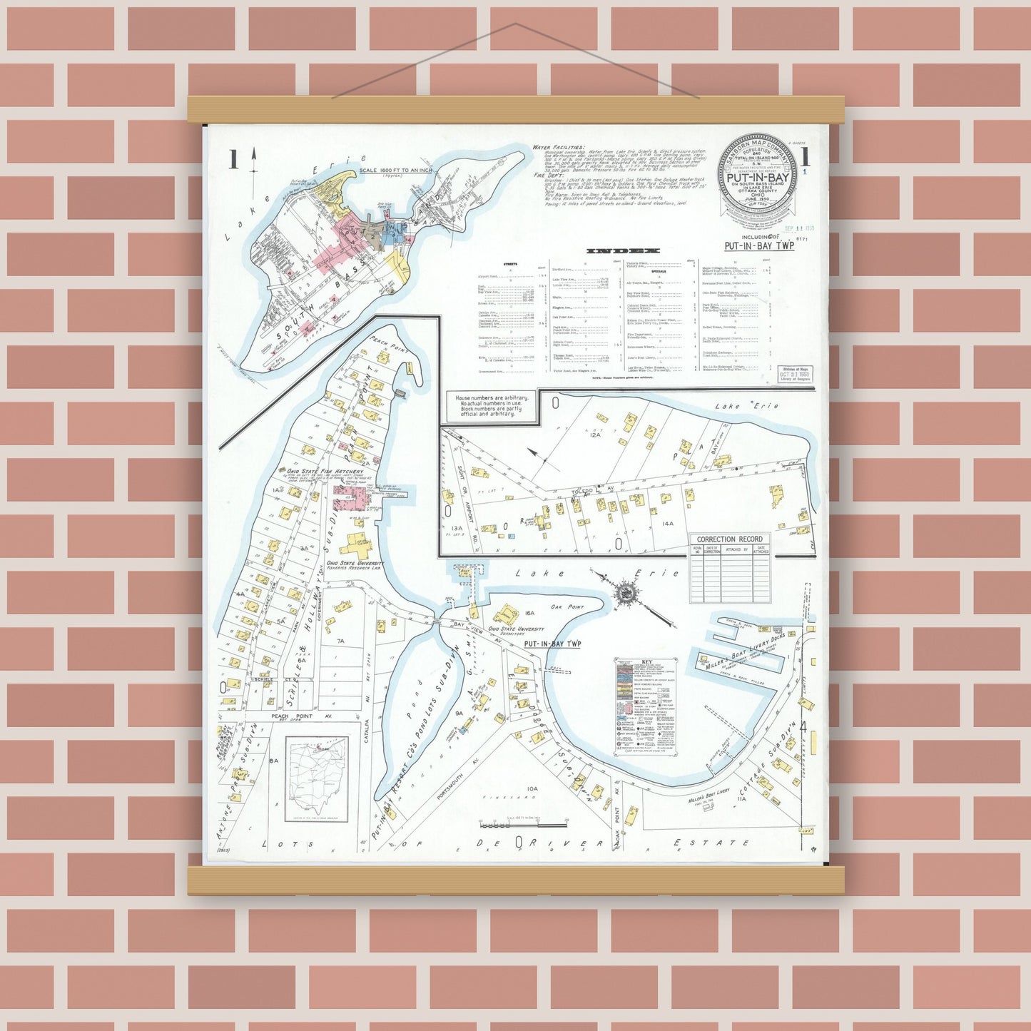 Old map wall art mockup — magnetic wood frame on brick wall — Sanborn Fire Insurance Map from Put-in-bay, Ottawa County, Ohio (1950), Sheet #0001
