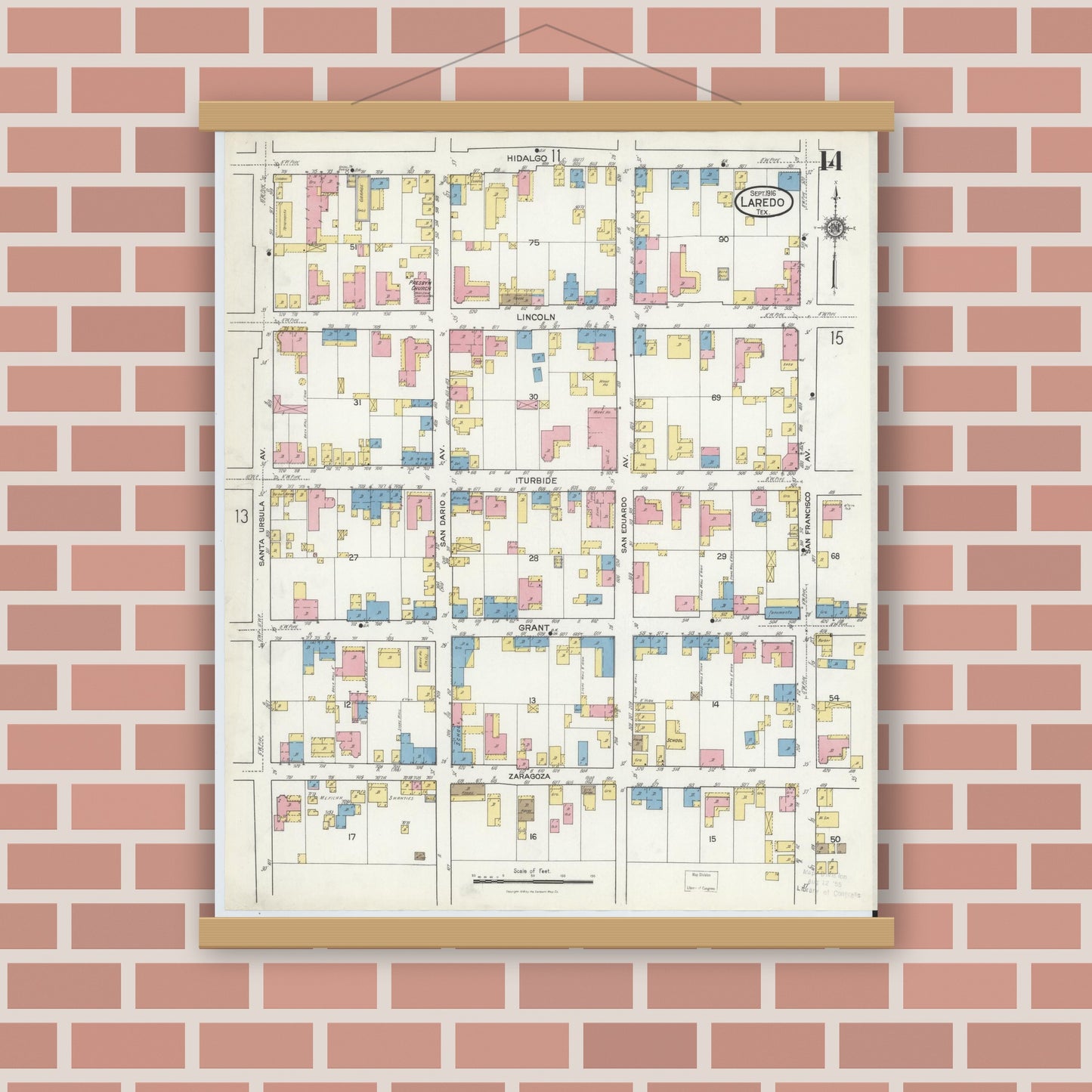 Old map wall art mockup — magnetic wood frame on brick wall — Sanborn Fire Insurance Map from Laredo, Webb County, Texas (1916), Sheet #0014