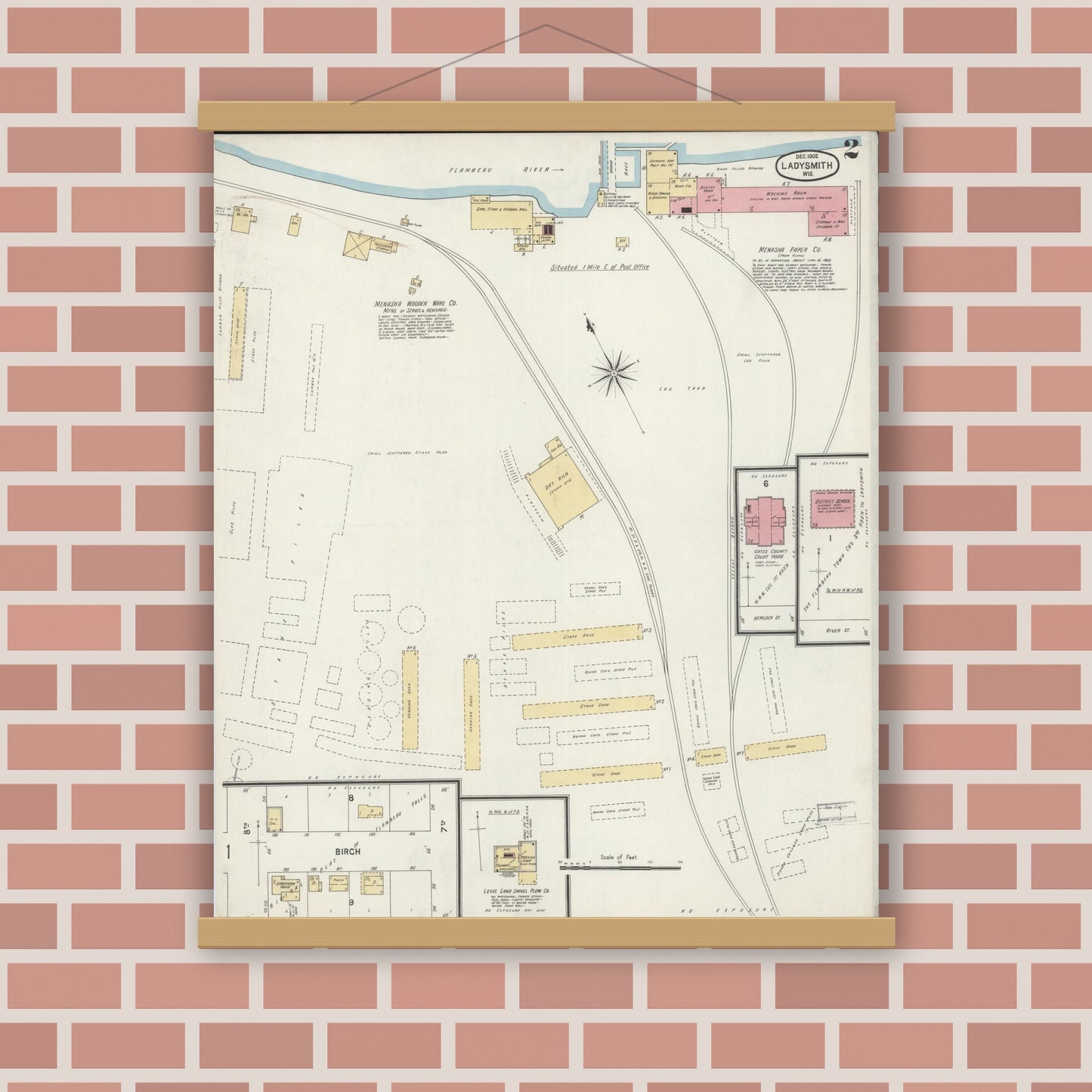 Old map wall art mockup — magnetic wood frame on brick wall — Sanborn Fire Insurance Map from Ladysmith, Rusk County, Wisconsin (1902), Sheet #0002