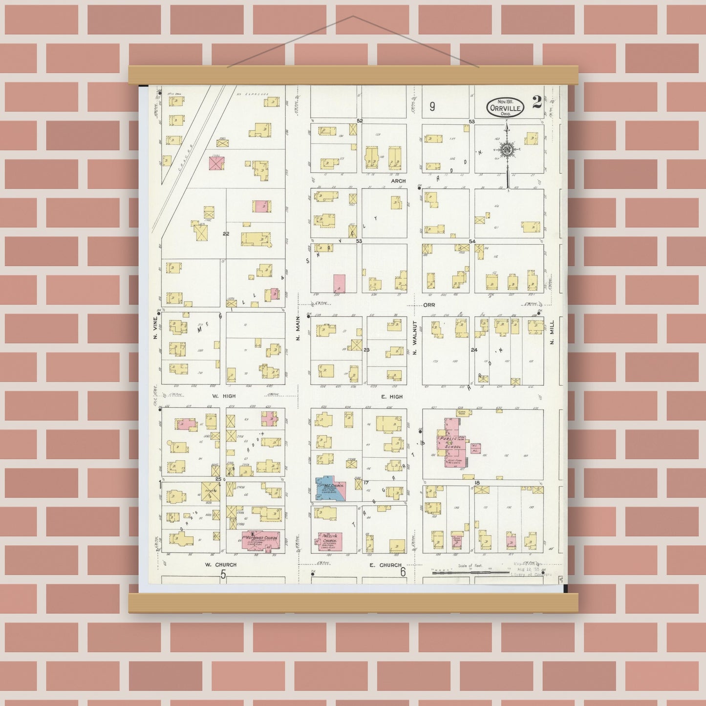 Old map wall art mockup — magnetic wood frame on brick wall — Sanborn Fire Insurance Map from Orrville, Wayne County, Ohio (1911), Sheet #0002