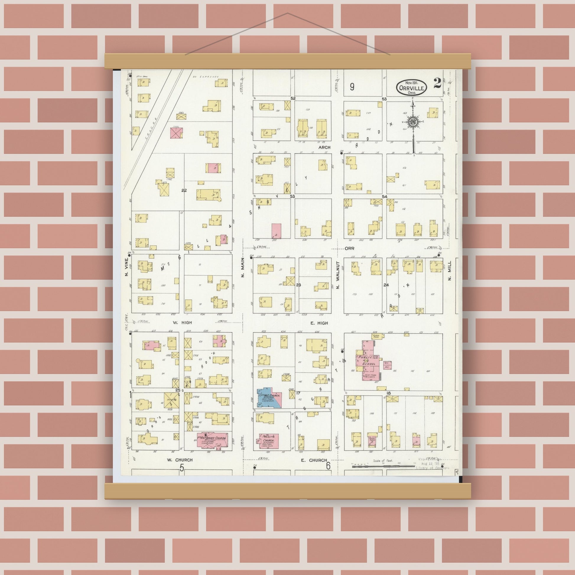 Old map wall art mockup — magnetic wood frame on brick wall — Sanborn Fire Insurance Map from Orrville, Wayne County, Ohio (1911), Sheet #0002