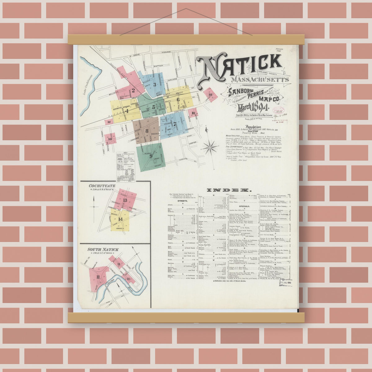 Old map wall art mockup — magnetic wood frame on brick wall — Sanborn Fire Insurance Map from Natick, Middlesex County, Massachusetts (1894) - Complete Map Set