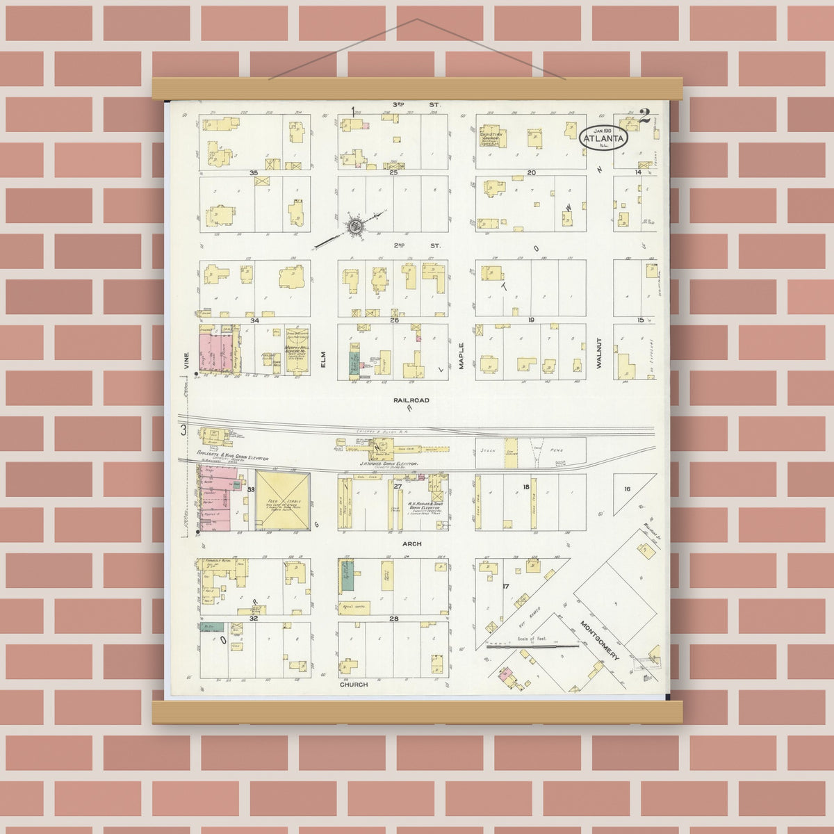 Old map wall art mockup — magnetic wood frame on brick wall — Sanborn Fire Insurance Map from Atlanta, Logan County, Illinois (1910), Sheet #0002