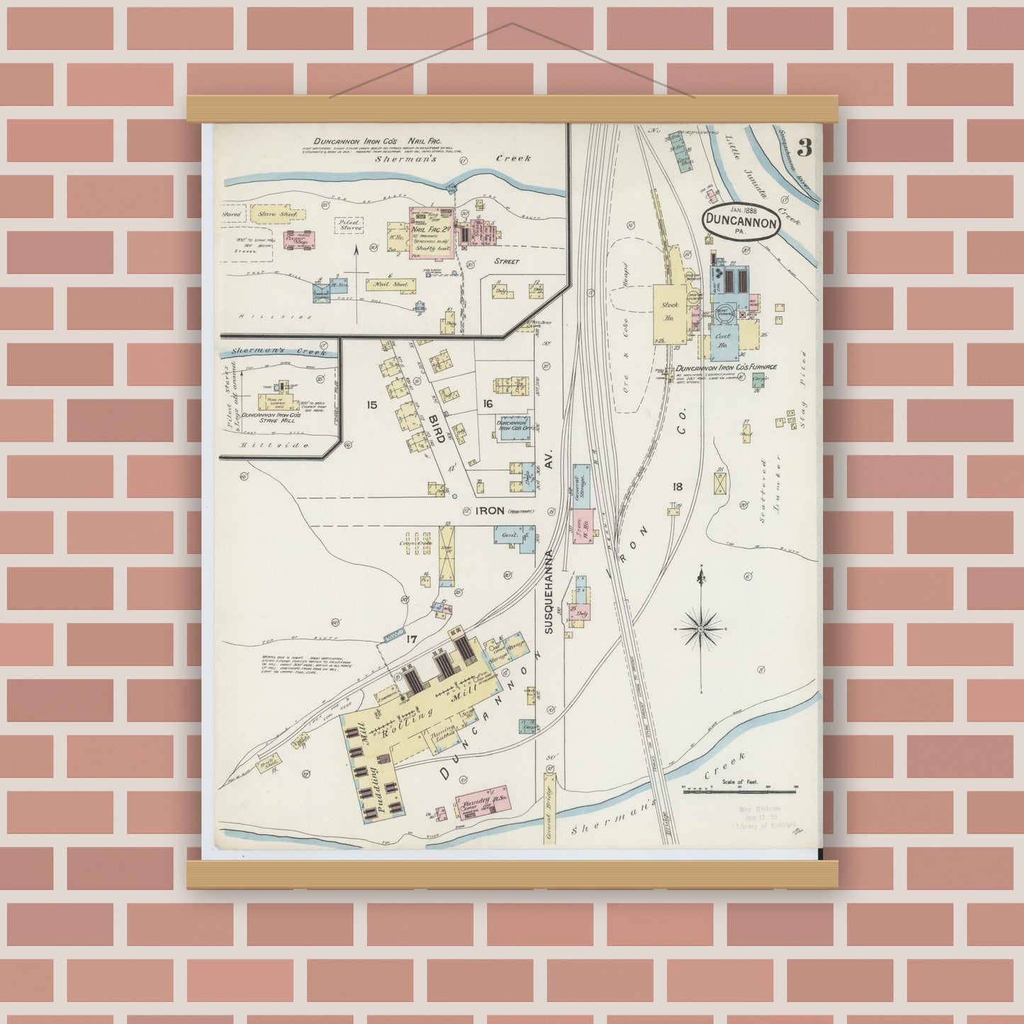 Old map wall art mockup — magnetic wood frame on brick wall — Sanborn Fire Insurance Map from Duncannon, Perry County, Pennsylvania (1888), Sheet #0003