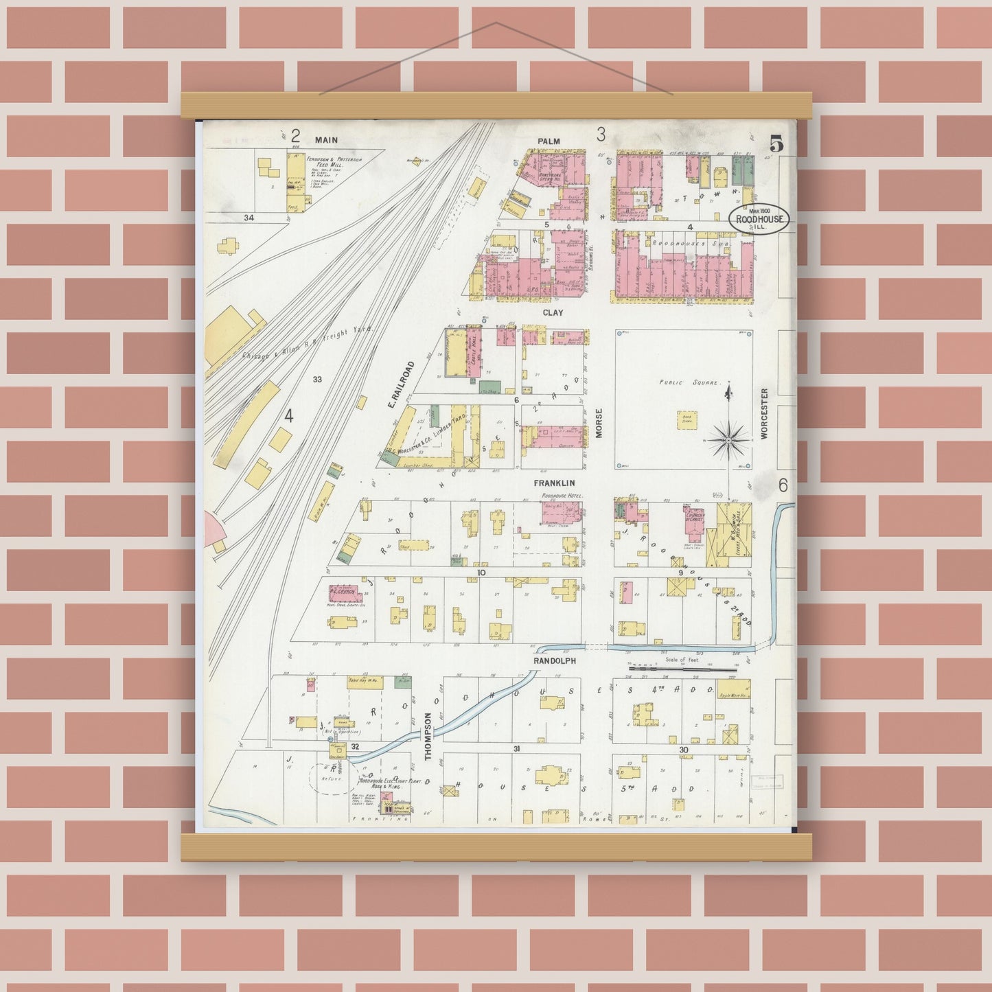 Old map wall art mockup — magnetic wood frame on brick wall — Sanborn Fire Insurance Map from Roodhouse, Greene County, Illinois (1900), Sheet #0005