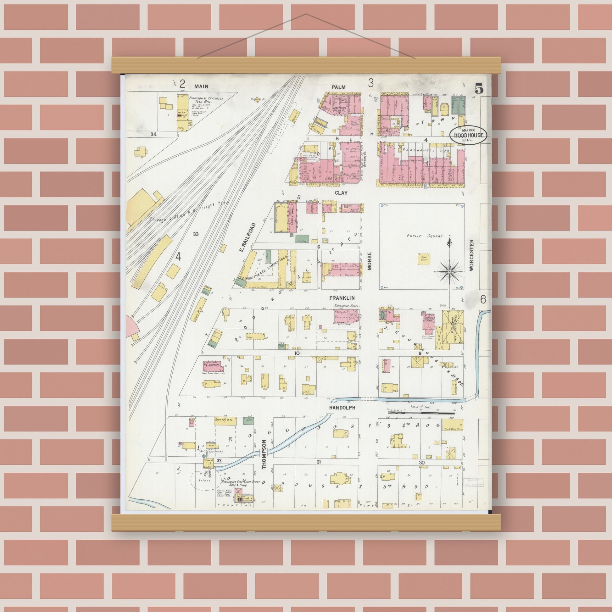 Old map wall art mockup — magnetic wood frame on brick wall — Sanborn Fire Insurance Map from Roodhouse, Greene County, Illinois (1900), Sheet #0005