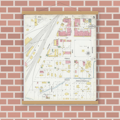 Old map wall art mockup — magnetic wood frame on brick wall — Sanborn Fire Insurance Map from Roodhouse, Greene County, Illinois (1900), Sheet #0005