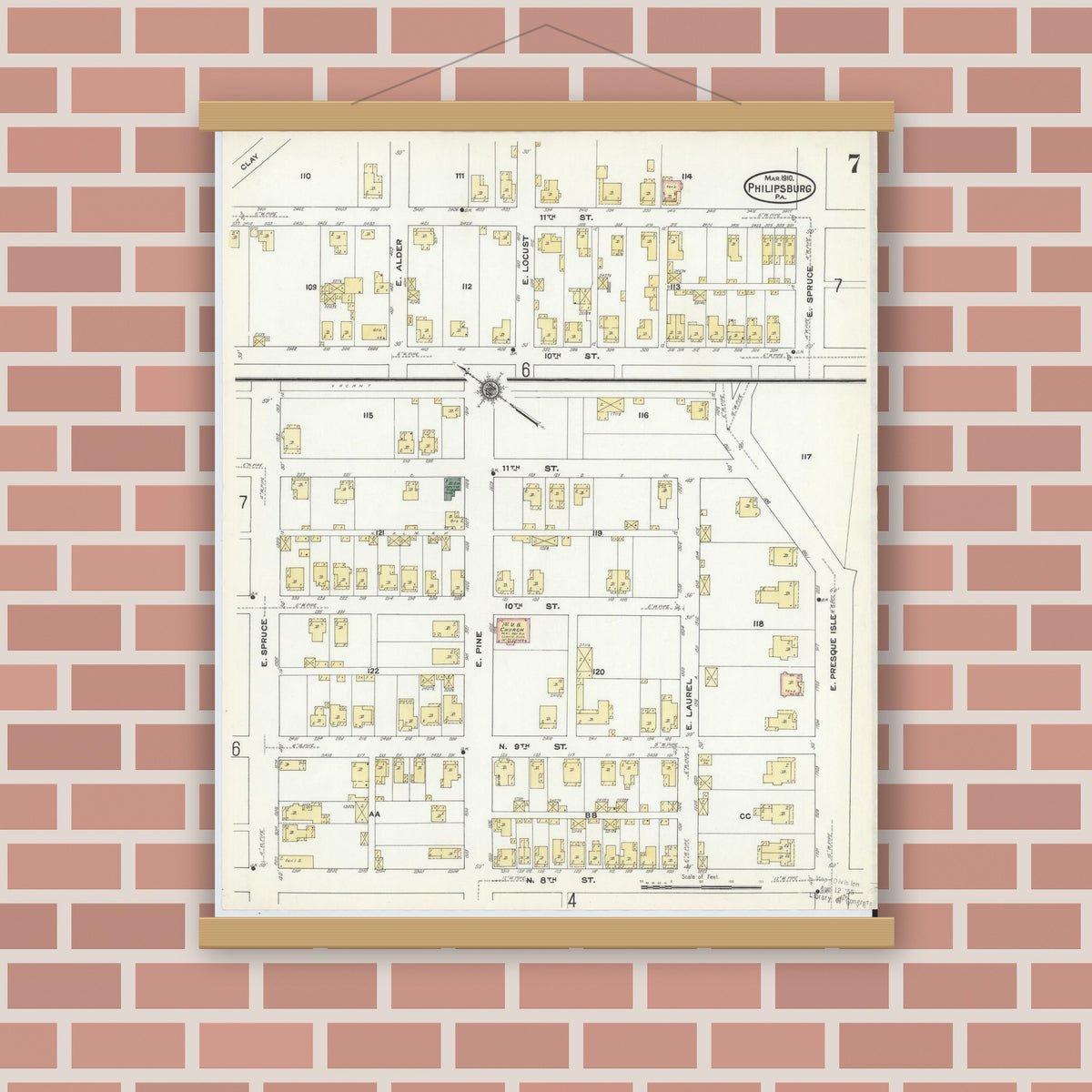 Old map wall art mockup — magnetic wood frame on brick wall — Sanborn Fire Insurance Map from Philipsburg, Centre County, Pennsylvania (1910), Sheet #0007