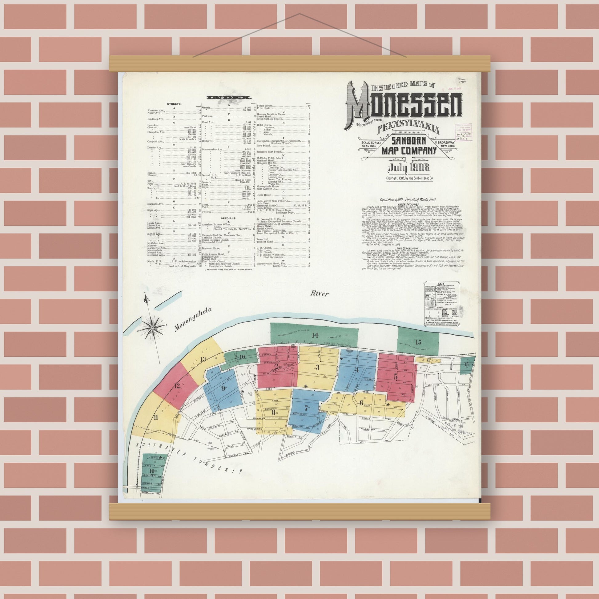 Old map wall art mockup — magnetic wood frame on brick wall — Sanborn Fire Insurance Map from Monessen, Westmoreland County, Pennsylvania (1908) - Complete Map Set