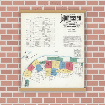 Old map wall art mockup — magnetic wood frame on brick wall — Sanborn Fire Insurance Map from Monessen, Westmoreland County, Pennsylvania (1908) - Complete Map Set