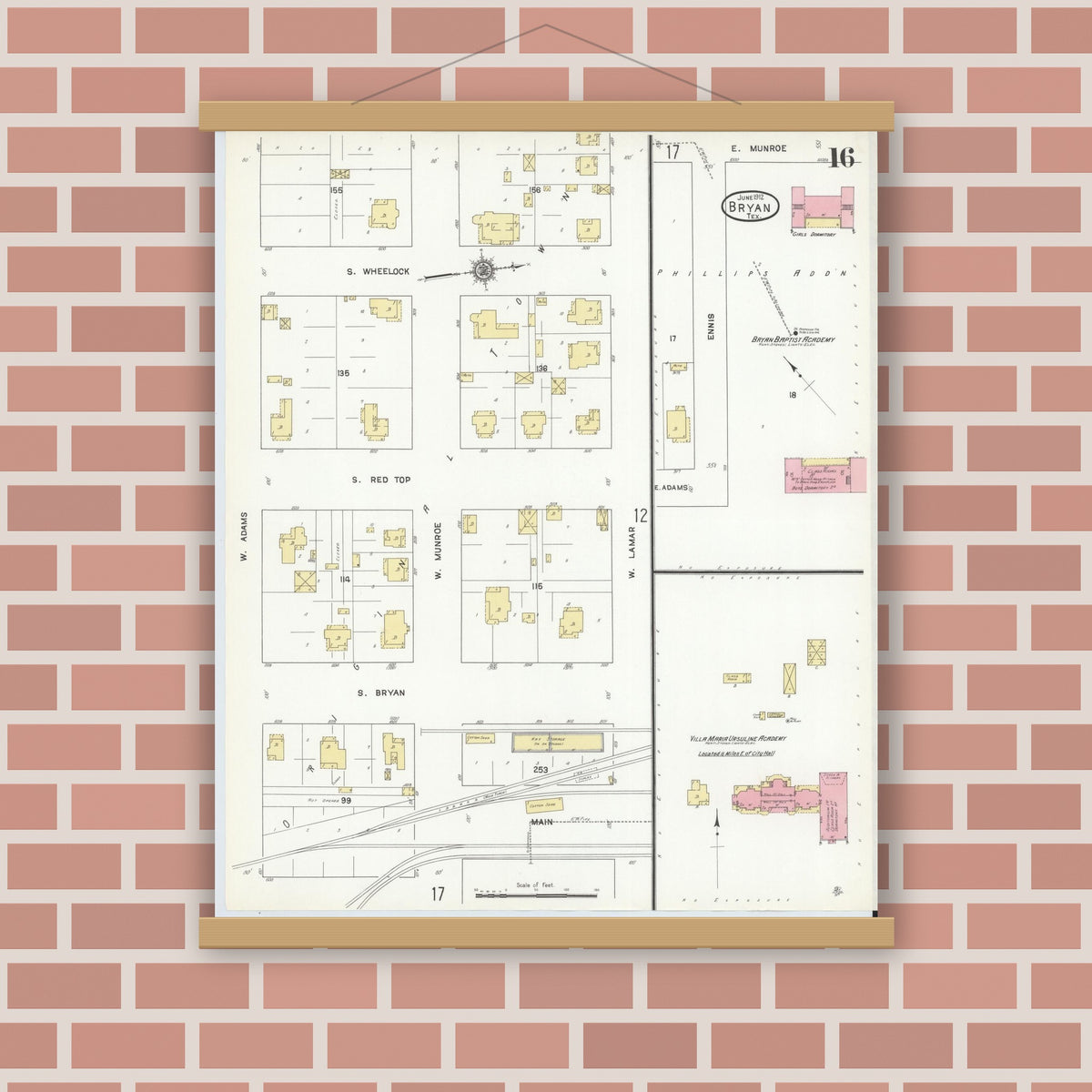 Old map wall art mockup — magnetic wood frame on brick wall — Sanborn Fire Insurance Map from Bryan, Brazos County, Texas (1912), Sheet #0016