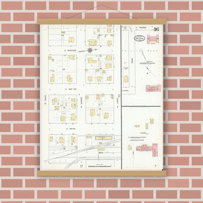 Old map wall art mockup — magnetic wood frame on brick wall — Sanborn Fire Insurance Map from Bryan, Brazos County, Texas (1912), Sheet #0016