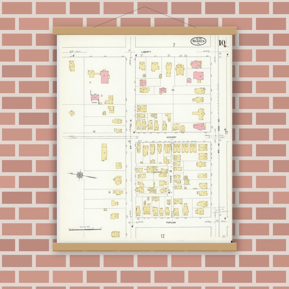 Old map wall art mockup — magnetic wood frame on brick wall — Sanborn Fire Insurance Map from Warren, Warren County, Pennsylvania (1912), Sheet #0010