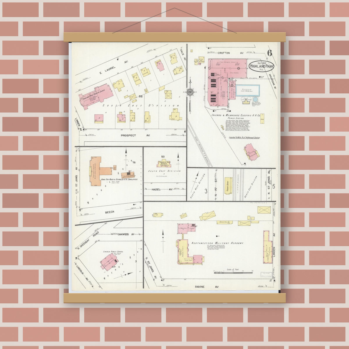 Old map wall art mockup — magnetic wood frame on brick wall — Sanborn Fire Insurance Map from Highland Park, Lake County, Illinois (1912), Sheet #0006