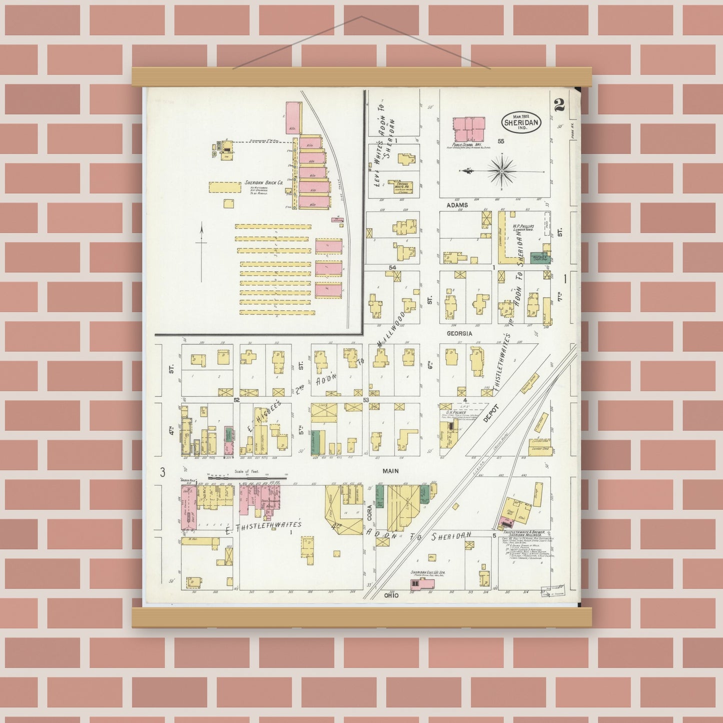 Old map wall art mockup — magnetic wood frame on brick wall — Sanborn Fire Insurance Map from Sheridan, Hamilton County, Indiana (1902), Sheet #0002